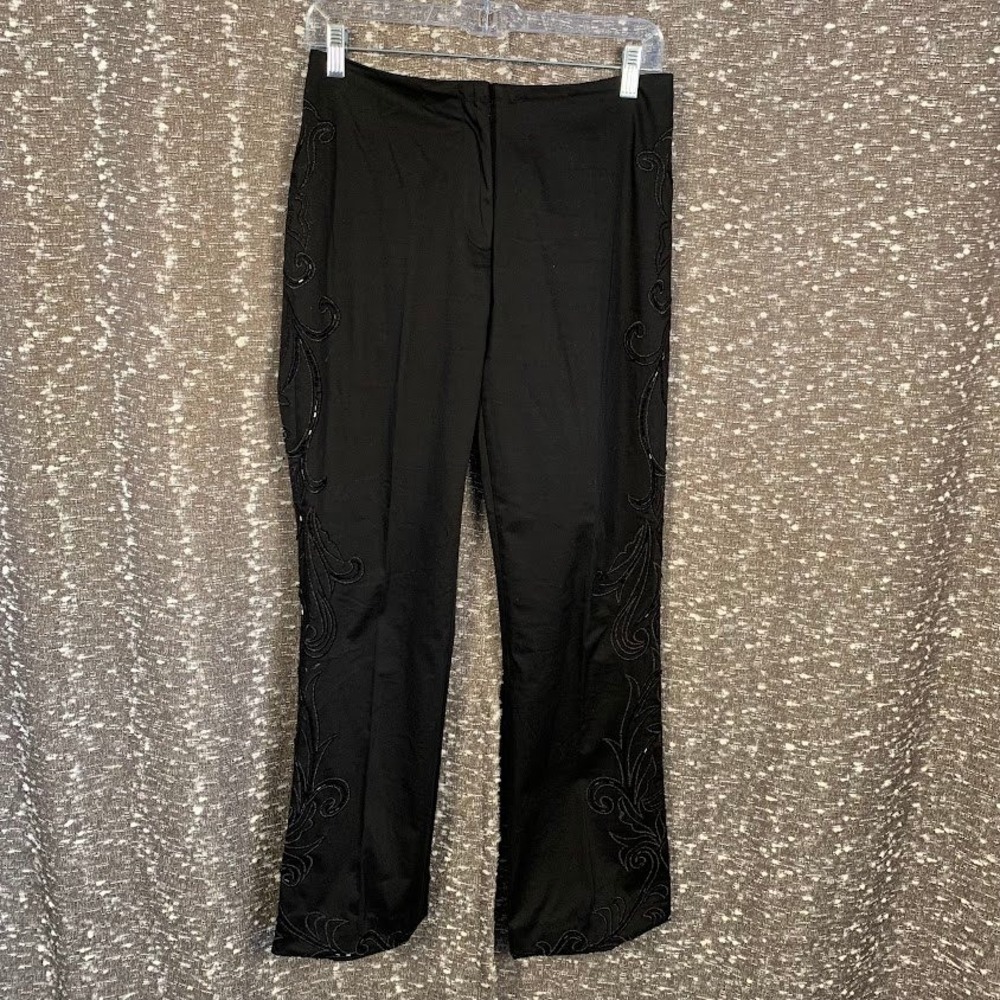 Cache Black Embroidered Beaded Dress Pants Formal Evening Trousers Women's 4